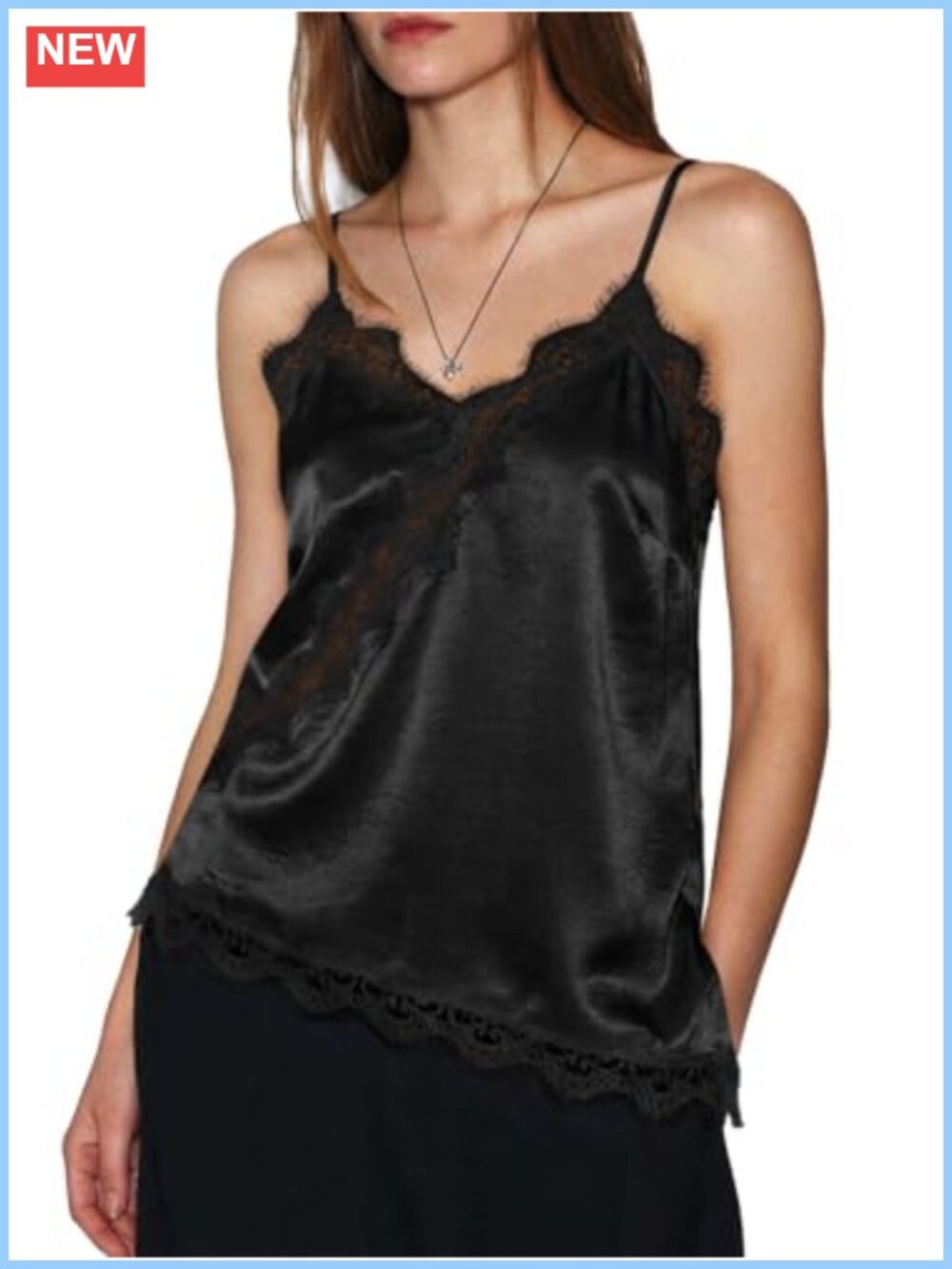 Satin Lace Trim Asymmetrical Backless Camisole Silk Feel Spaghetti Strap